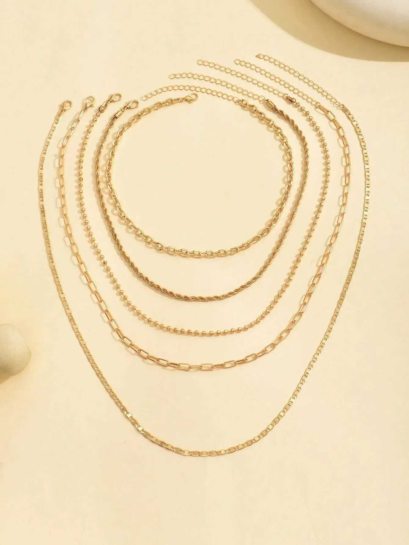 5pcs/Set Simple Braided Bead Chain Necklaces Gold Tone Layered Pendant Necklace Set for Women Daily and Party Wear XJ250708