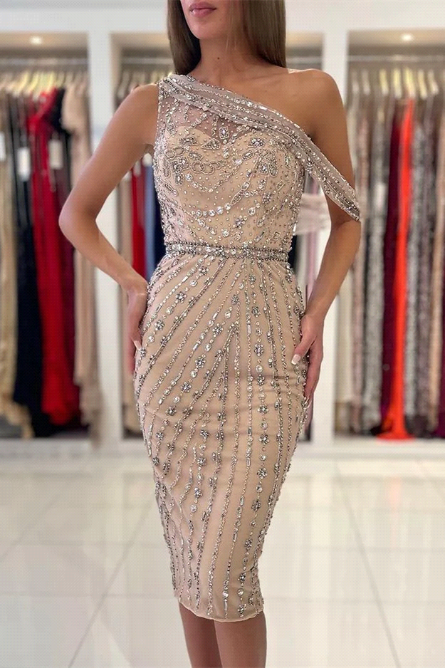 Sparkle Sequined Champagne Cocktail Dresses Elegant One Shoulder Sheath Sequins Mini Short Prom Evening Gowns Women Formal Party Homecoming Robes Bc16