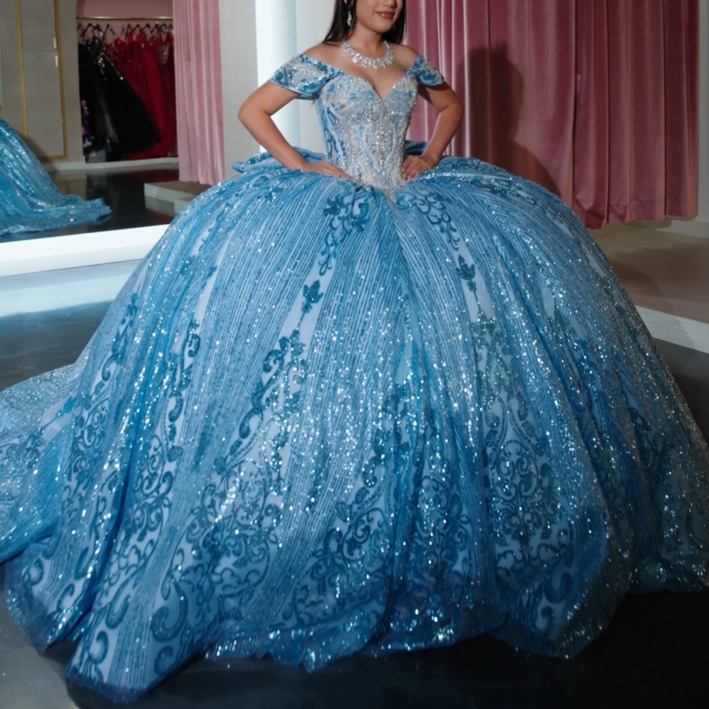 Sky Blue Shiny Quinceanera Dresses Ball Gown Off The Shoulder Sequin Applique Lace Beading Bow Tull Party Birthday Sweet 16 Dress Vestidos 15 Anos