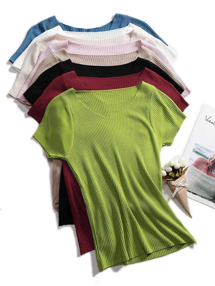 Korean Womens Knitted Pullover Short Sleeve Sweater Spring Summer Slim Basic Solid Casual Base Female Knitting Shirts 250728