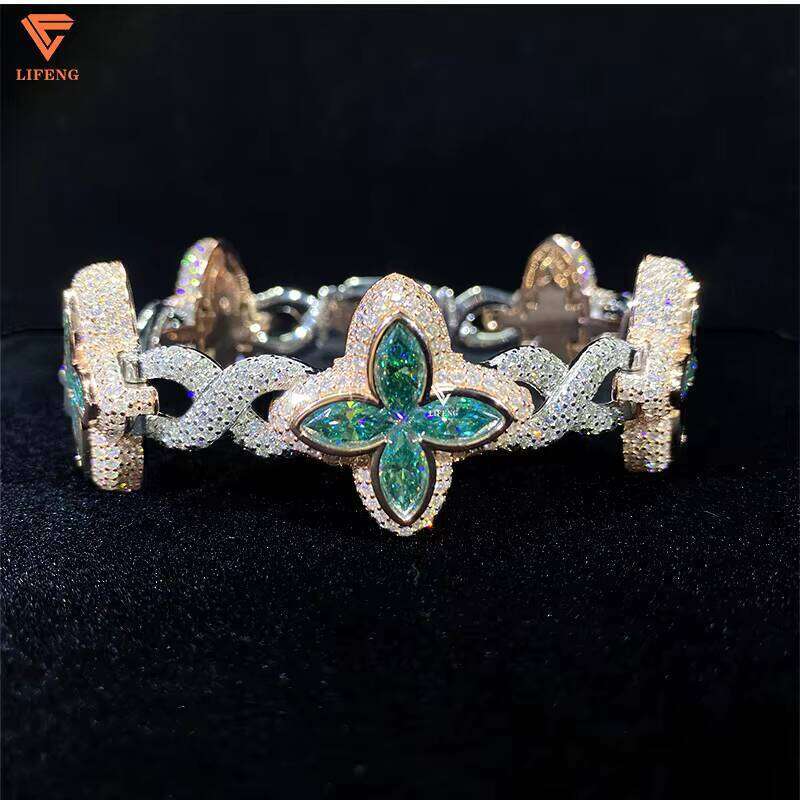 Jewelry Lucky Clover Sier Iced Out VVS Blue Pink Green Dia Moissanite Bracelet