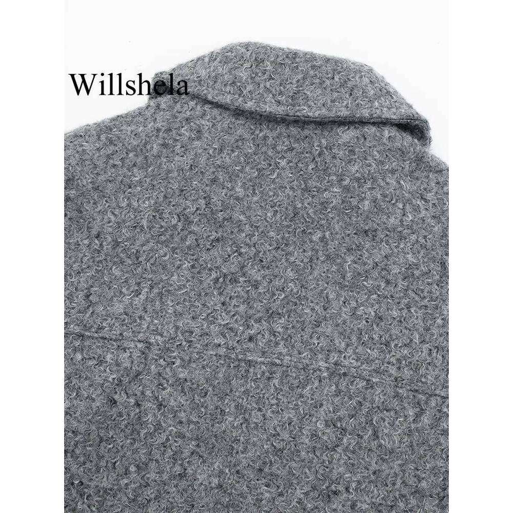 hoodie Willshela Women Fashion With Pockets Grey Front Zipper Jackets Vintage Lapel Neck Long Sleeves Female Chic Lady Outfits jacket