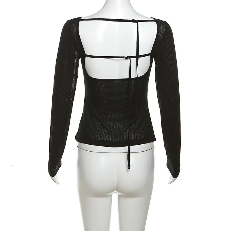 Women Autumn Longsleeved Slash Neck Crop Tops Elastic Sexy Slim Backless Tshirts Female Fashion Laceup Solid Top Tees 250728