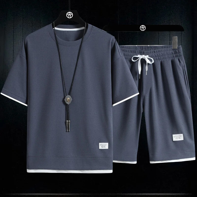 2025 3D Mens Waffle Summer Suit Casual Tshirt Shorts Suit Mens Tracksuit Solid color tracksuit loose suit 250724