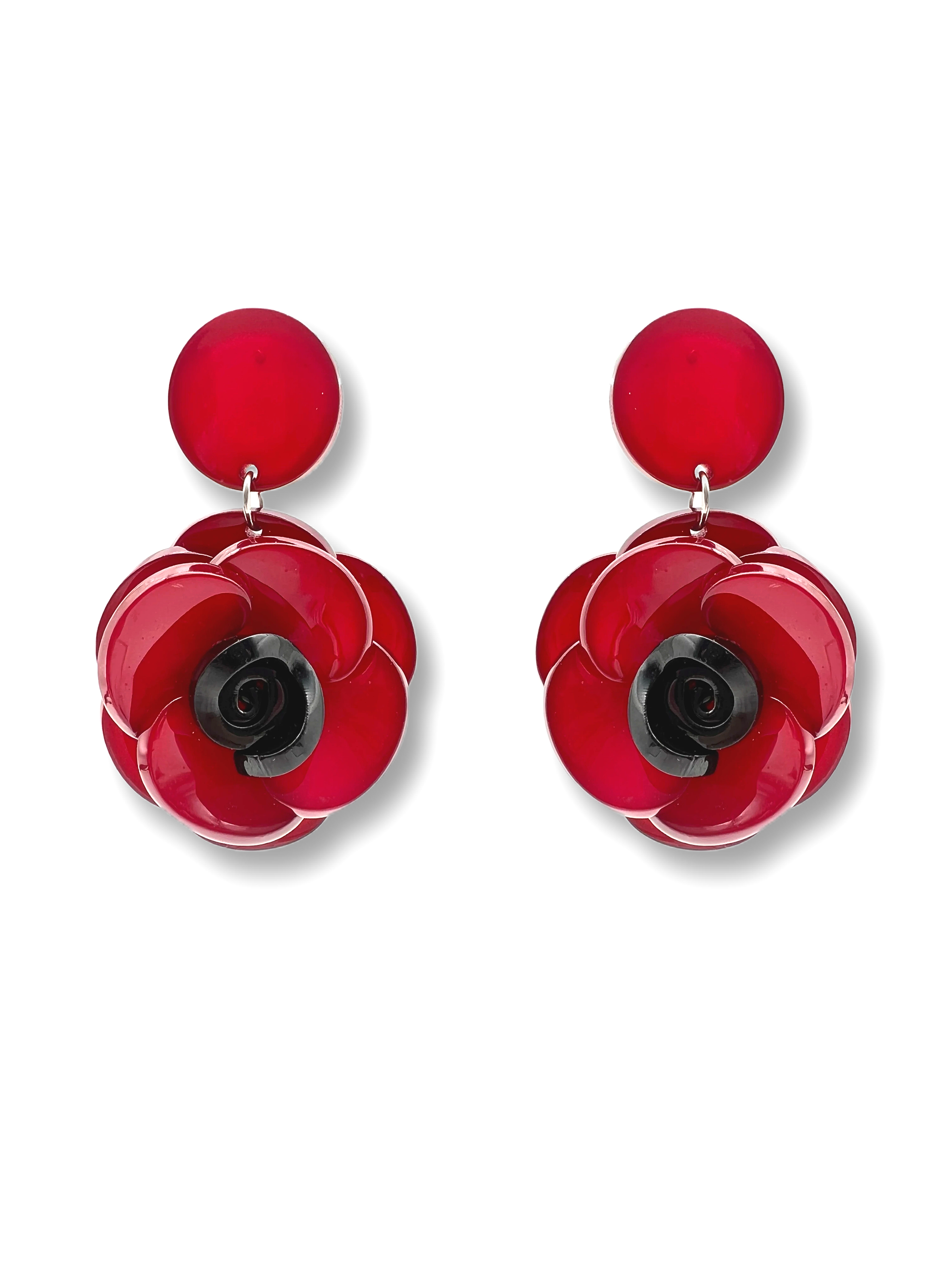 Elegant Exaggerated Floral Design Earrings Featuring Layered Red Blossoms