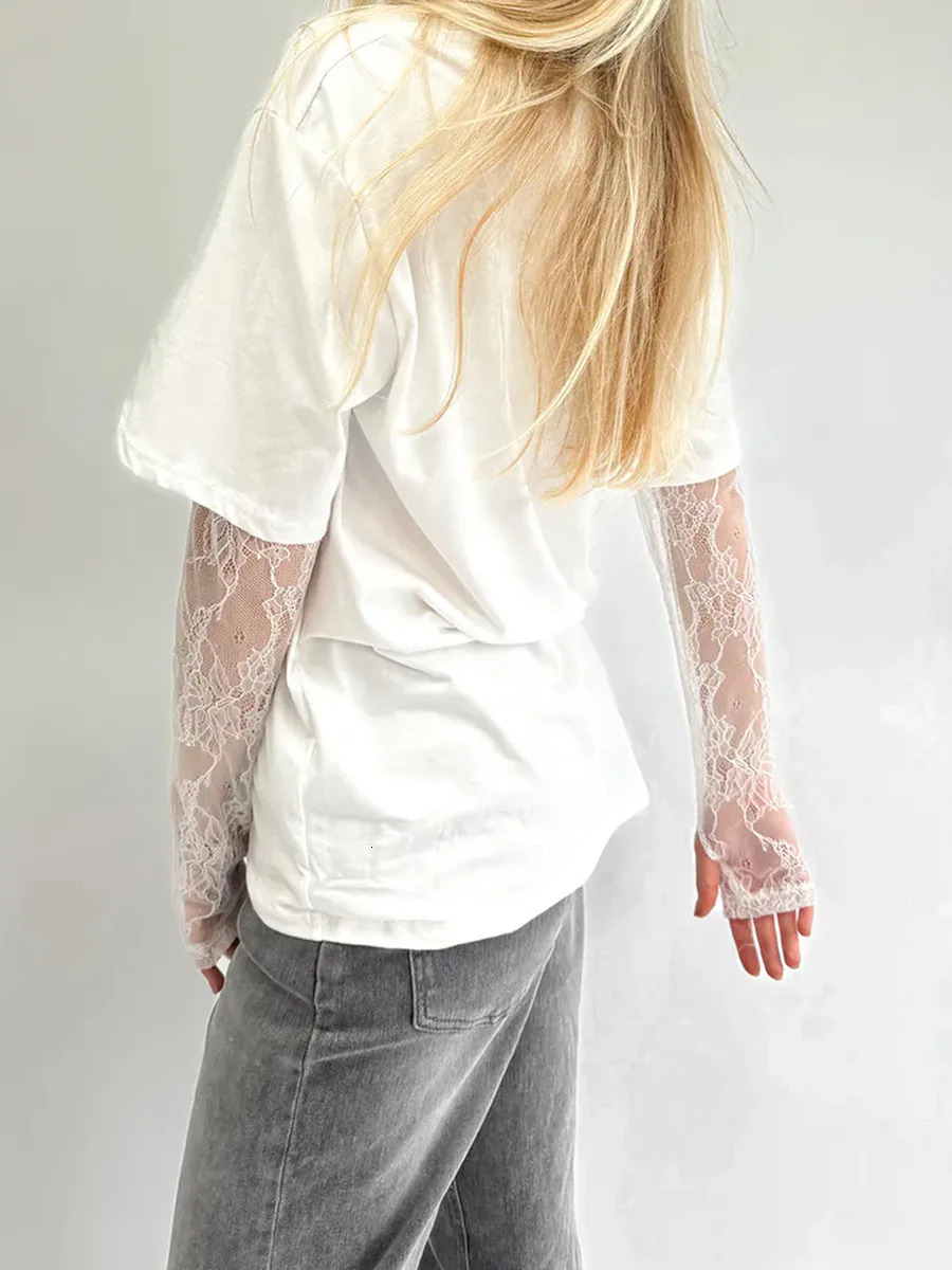Women Round Neck TShirt Lace Long Sleeve Casual Shirts Spring Fall Loose Fit Tops Ladies Solid Color Tee for Streetwear Y2K 00s 250728