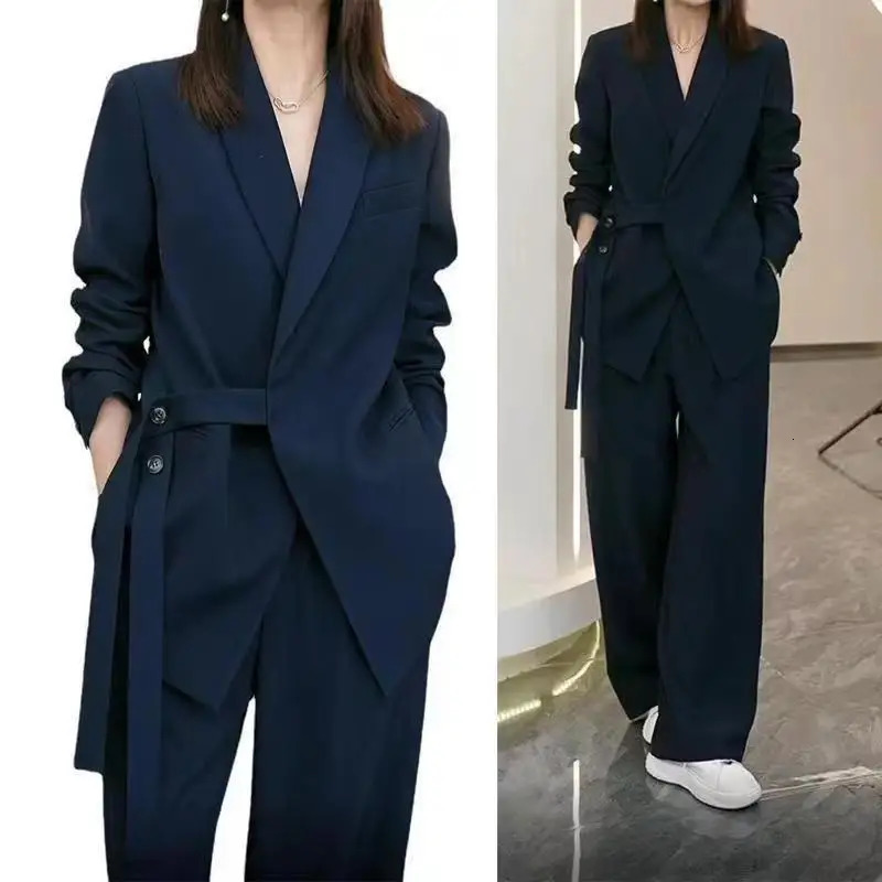 Womens Spring Autumn Casual Suit Jacket Matching Set Korean Elegant Loose Blazers Wide Leg Pants Two Piece Female Clothing 250728