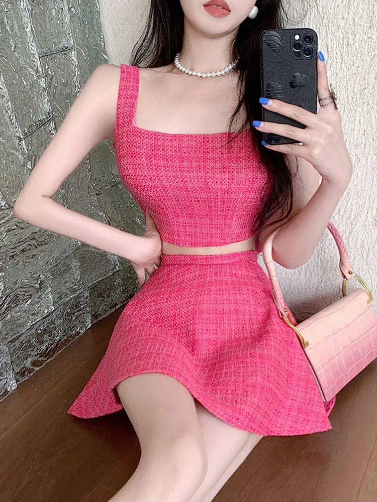 2 Piece Set Women Vest Crop Top Mini Skirt Sets Korean Sweet Summer Womens Outfits 250728