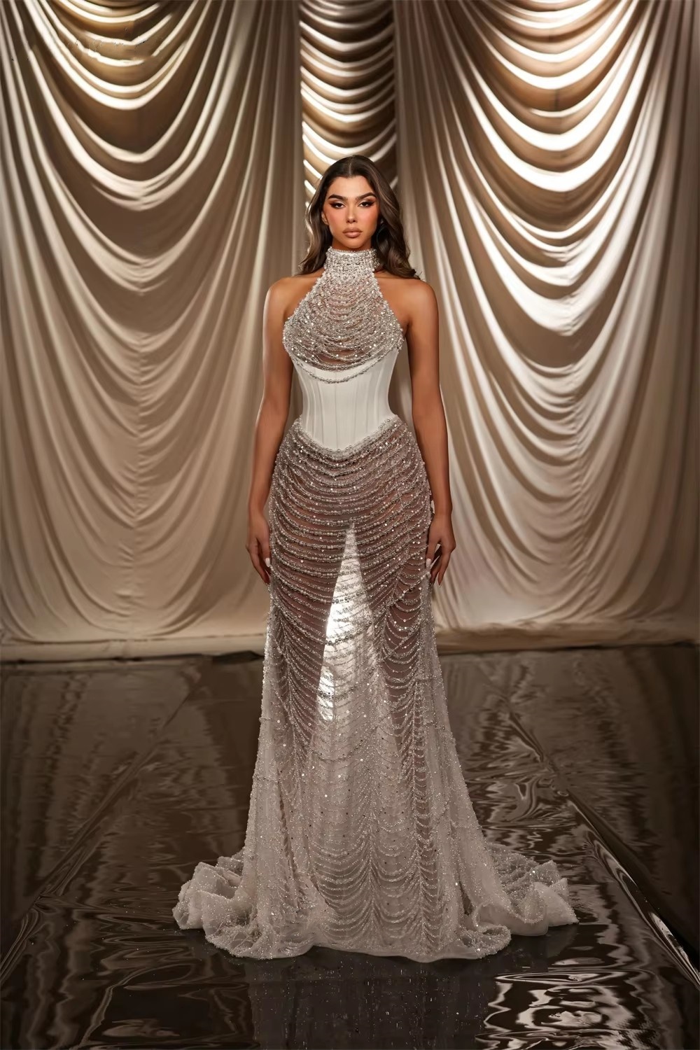 Exquisite Wedding Dresses Pearls Beading High Neck Bridal Gowns See Through Sleeveless Illusion Mermaid Customized Vestidos De Novia Plus Size