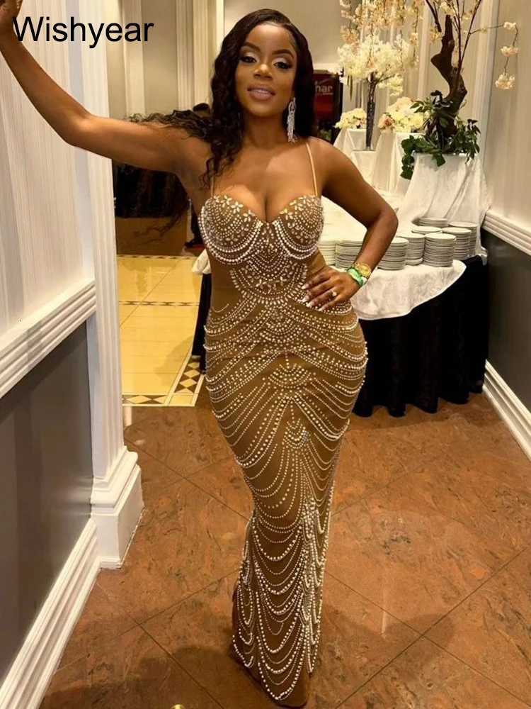 New Sparkly Crystal Rhinestone Pearl Celebrity Gown Brown Dress Woman Strap Evening Party Birthday Prom Wedding Dress Z250728