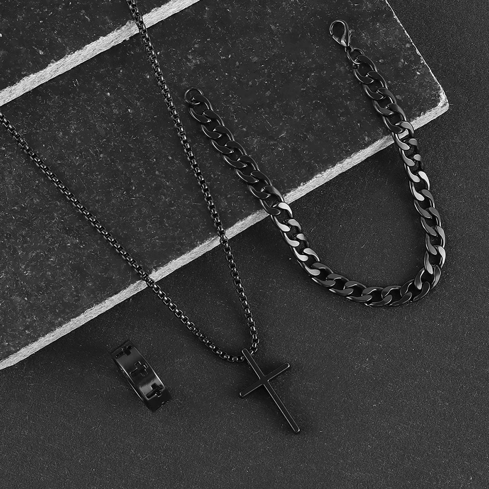 3pcs Set Mens Stainless Steel Metal Cross Pendant Chain Necklace Bracelet Ring Jewelry Male Hip Hop Daily Wear Accessories 250715