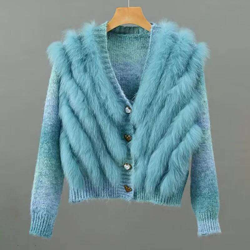 2024 New Autumn Knitted Sweater Cardigan With Real Fox Short Female V-Neck Natural Fur Stripe Cardigans Outwear