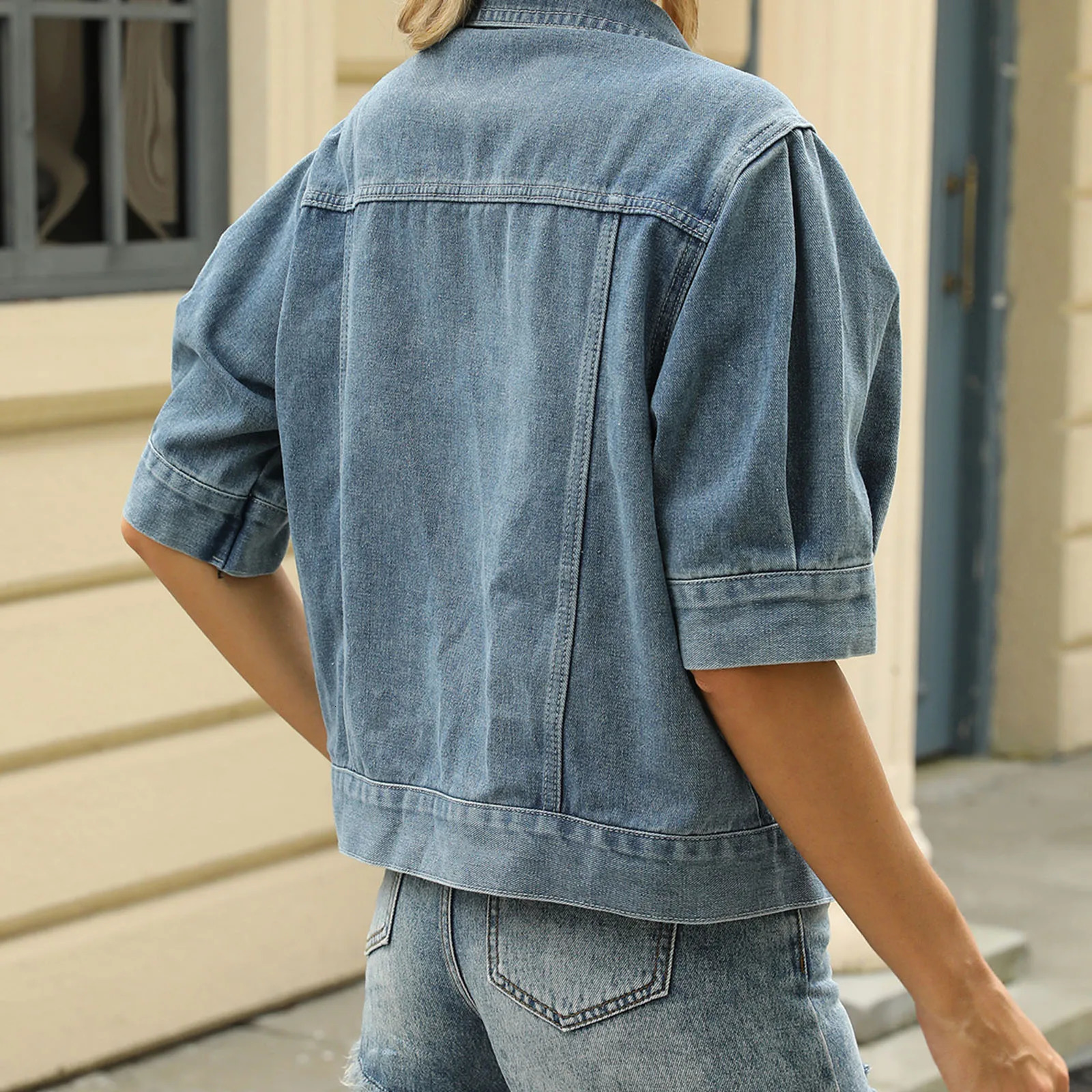 Short Sleeve Turn-down Collar Button Closure Solid Casual Jacket Women Denim Jacket Streetwear 250728