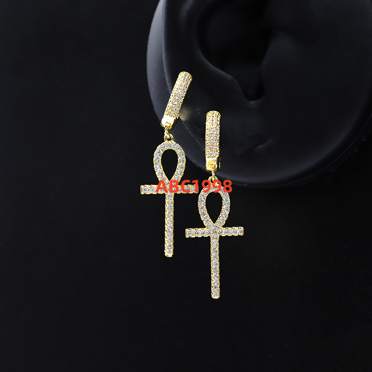 Hot Fashion White/Yellow/Rose Gold Plated Ankh Cross Iced Out CZ Cubic Zirconia Hip Hop Ankh Cross Earrings Jewelry