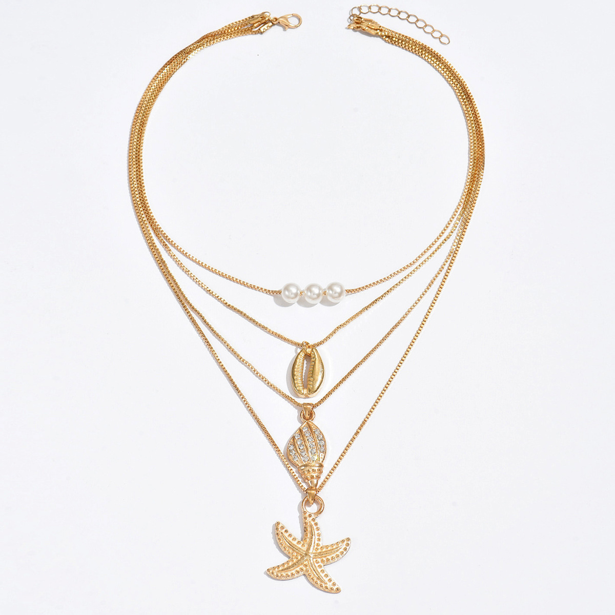 Summer Ocean Vacation Beach Shell Necklace for Women, Conch and Starfish Multi-layer Stacking Necklace, Collarbone Chain Jewelry for Women