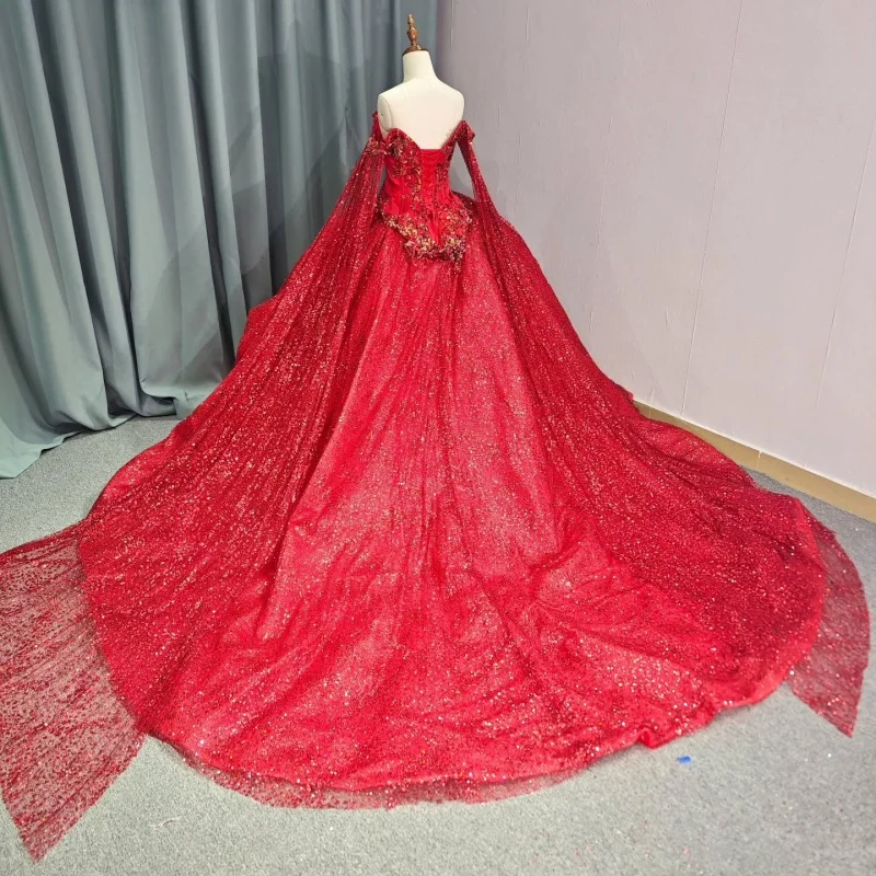 Red Shiny Princess Quinceanera Dresses Appliqued Lace Beading Crystal With Cape Tull Sweet 16 Dress Sweetheart Ball Gown Vestidos 15 Anos