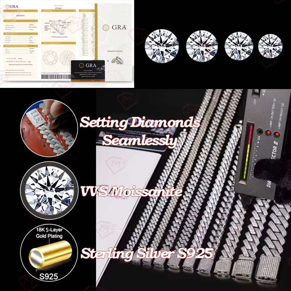 Hip Hop 4 Row 20mm Thick Necklace Sier Vvs Iced Moissanite Cuban Chain