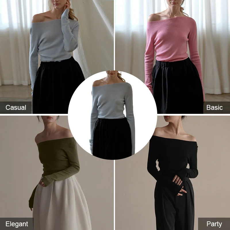 Autumn Winter Womens Tshirt Top Long Sleeve Solid Color Elegant Sexy Off Shoulder Slim Basic Style Versatile Interior Style 250728