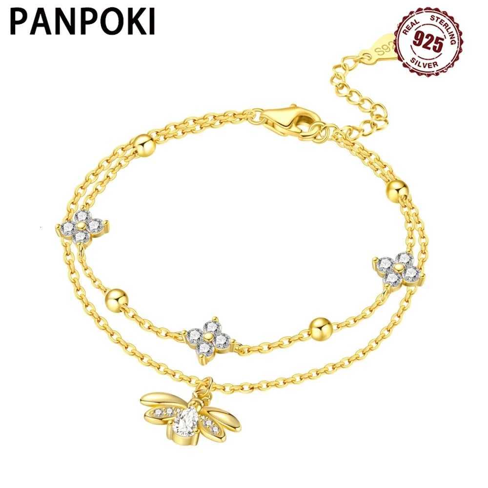 PANPOKI New 925 Sterling Silver Firefly Insect Double Layer Bracelet Chain Link Women Bracelet Jewelry Party Trendy Gifts W250728