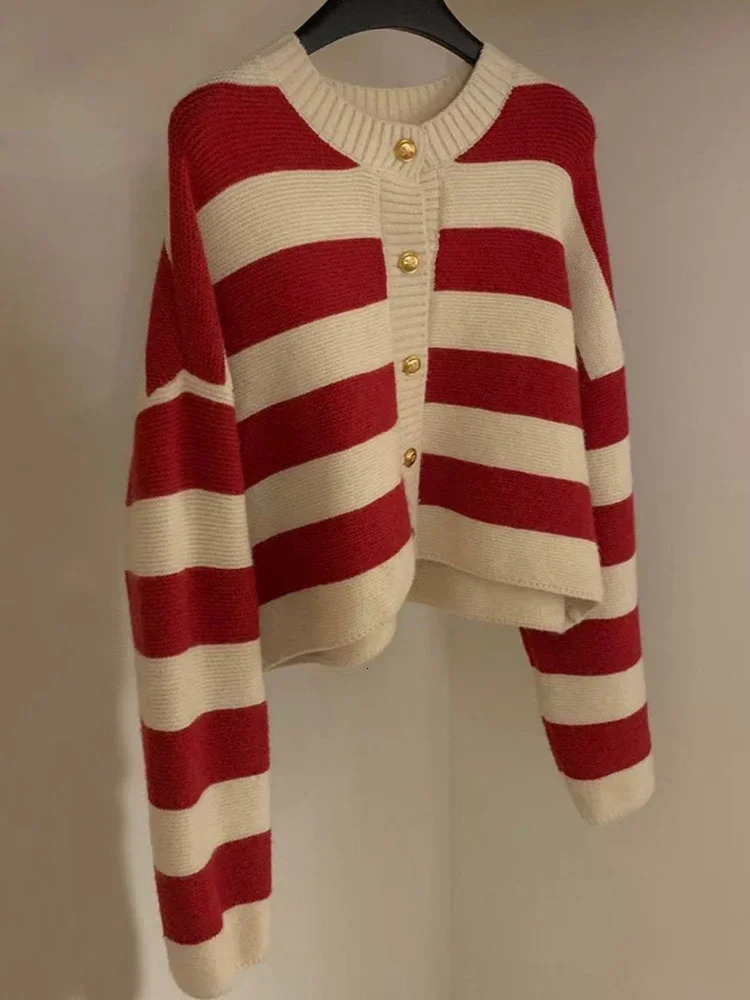 Korean Fashion Sweater Cardigan Women Knitted Striped Autumn Winter Long Sleeve Loose Short Cardigans Casual Tops 250728