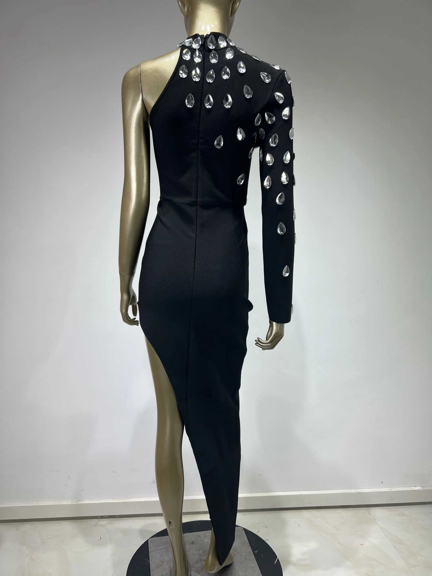 2023 Women Celebrity Sexy Single Sleeve Rhinestone Black Maxi Long Bodycon Bandage Dress Elegant Evening Club Party Dress Z250728