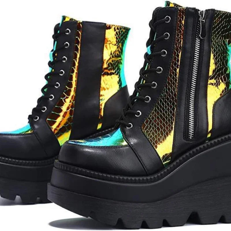 Plus Size Platform Boots for Women Fashion Wedge Shoes Sequins High Heels Womens Ankle Boots Zipper Lace Up Womens Boots 250725