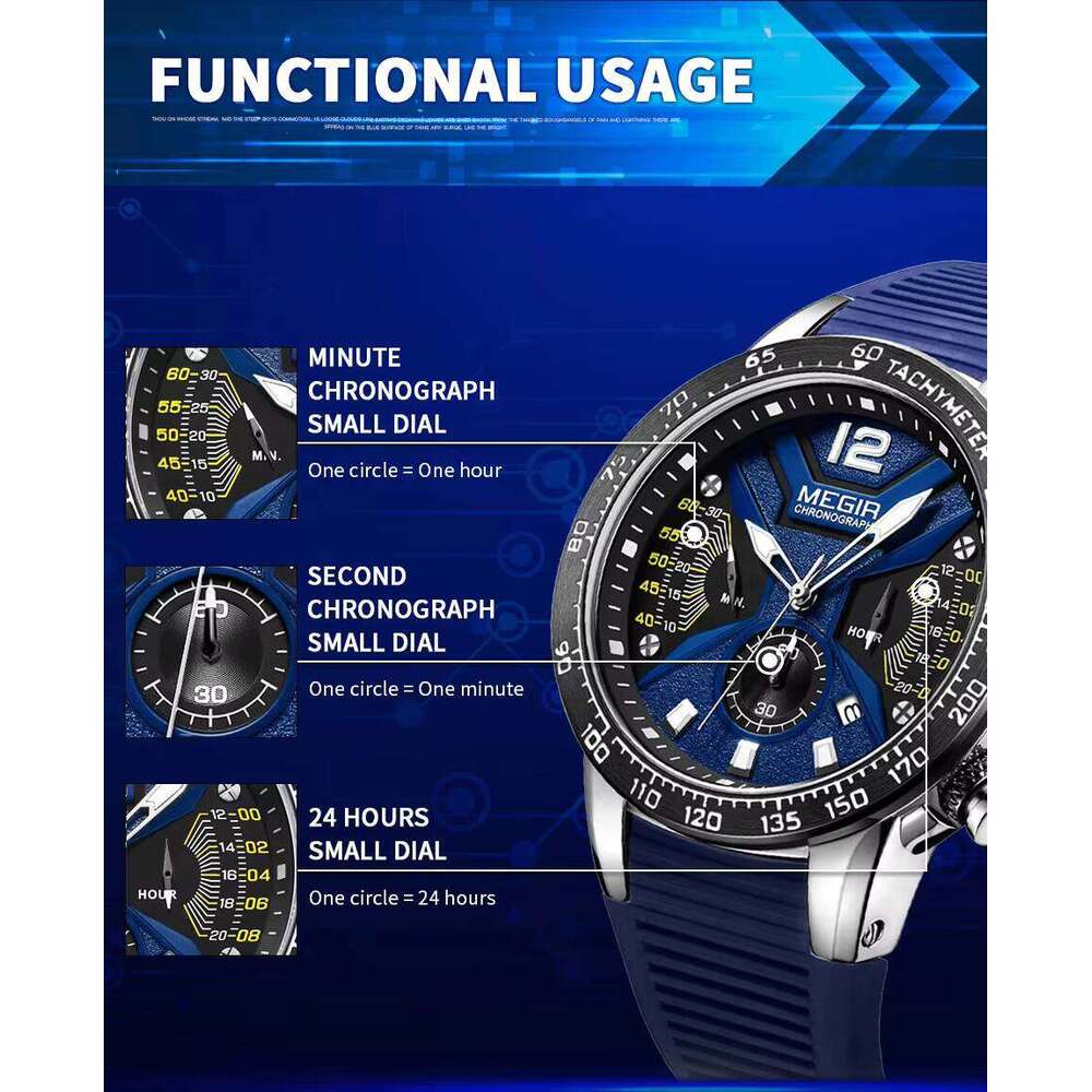 DHgargets MEGIR 2106 Men's Sports Watch - 48mm Chronograph, Luminous, 30M Waterproof, Silicone Strap, Date Display, Quartz Movement