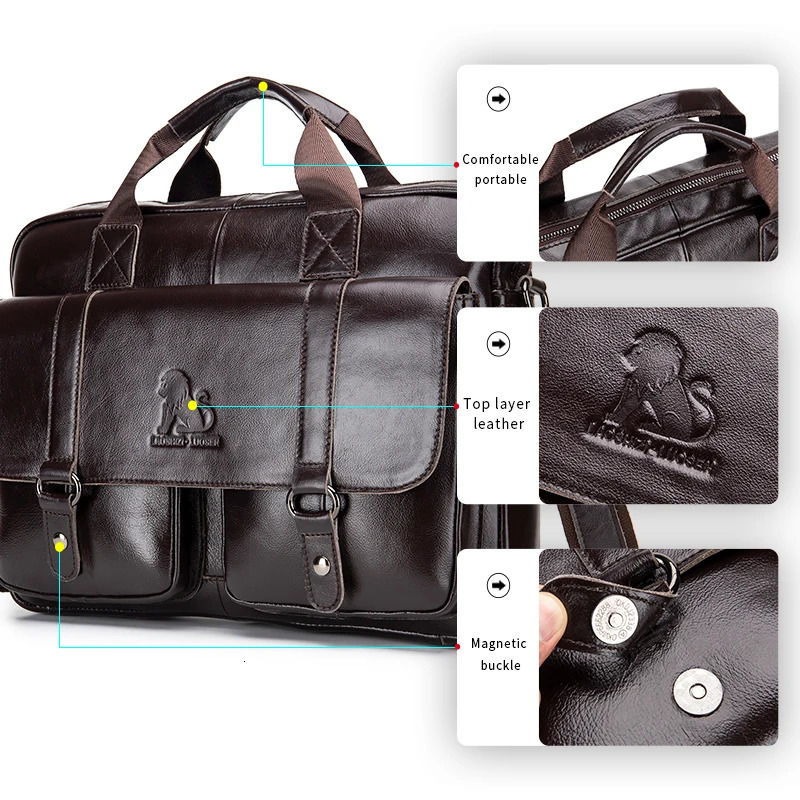 Genuine leather mens briefcase with double front pockets large capacity computer bag diagonal cross handbag 250724