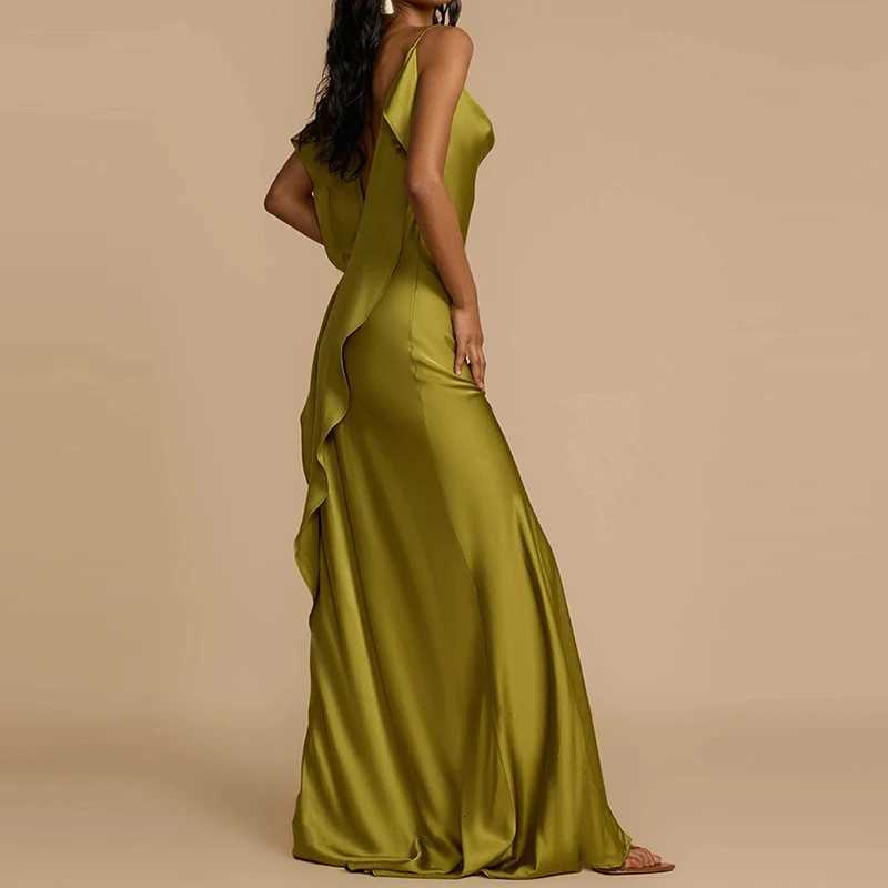 Lady Sexy Side Split Solid Slim Long Dress Fashion Draped High Waist Satin Dress Elegant Off Shoulder Irregular Suspender Dress Z250728