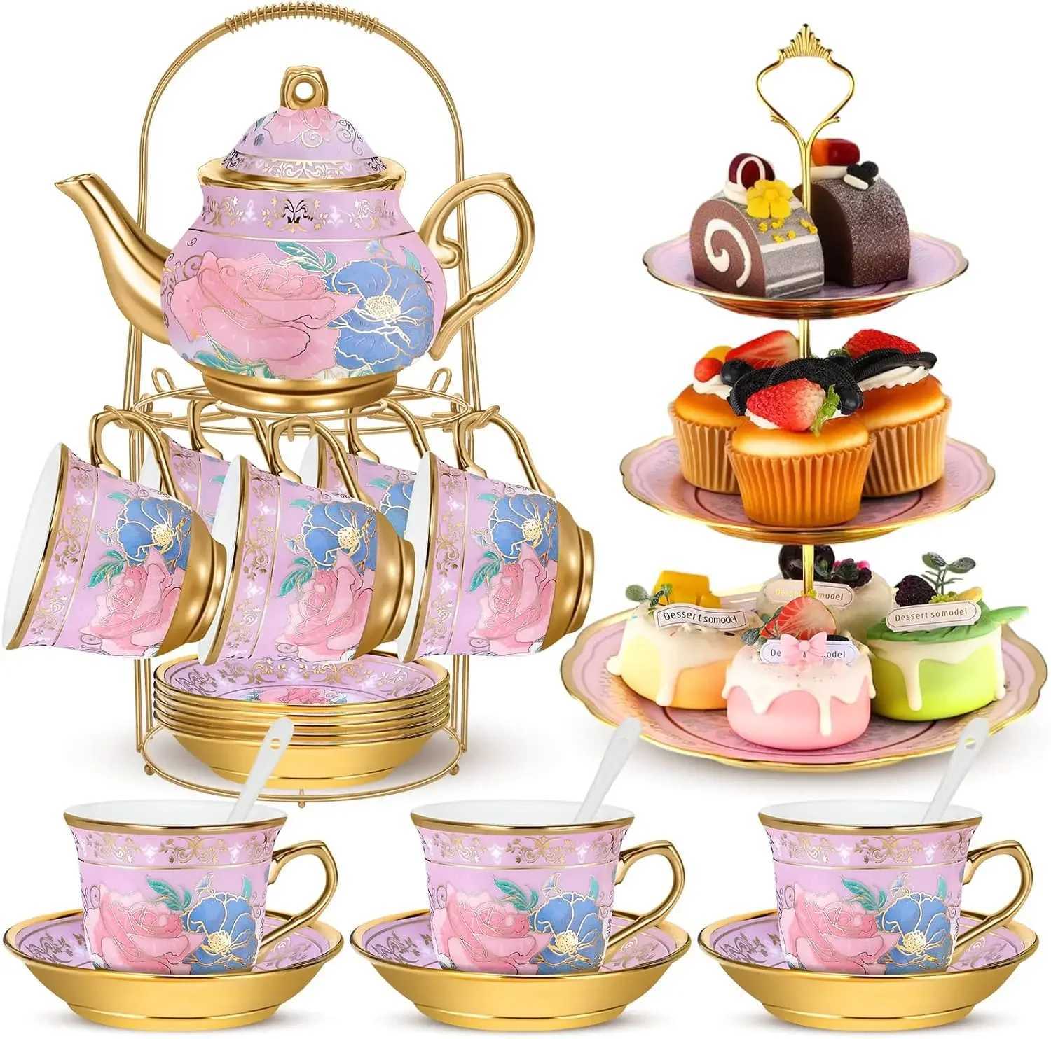 21pcs Set with Metal Holder and Cupcake Stand Ceramic Tea Pot Cups Saucers Cupcake Tier Tower European Tea Set for Women Girls X250728