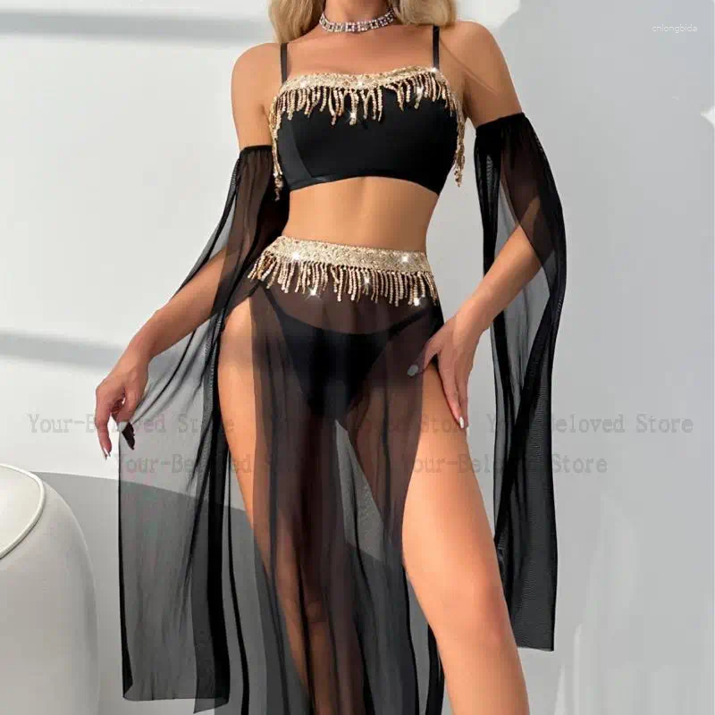 Stage Wear Sexy Pole Dance Sparkly Sequins Tassel Mesh Bra Lady Belly Performance Costume Lace Lingerie Suit