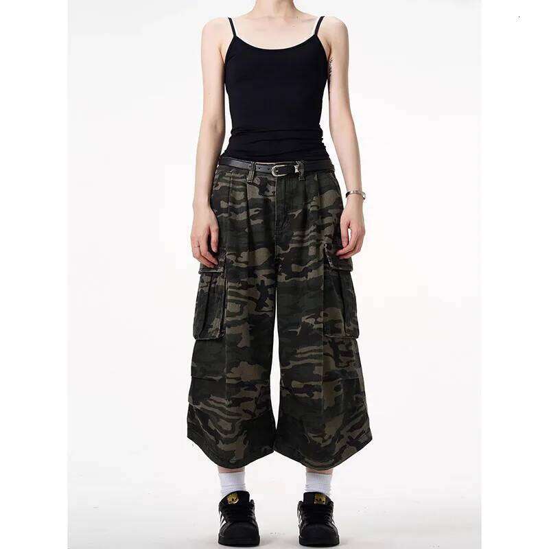 Designer Clothing 2025 Women Short Jeans Green Camouflage American Vintage Y2k Straight Streetwear Wide Leg Pants High Waist Female Summer Denim Short