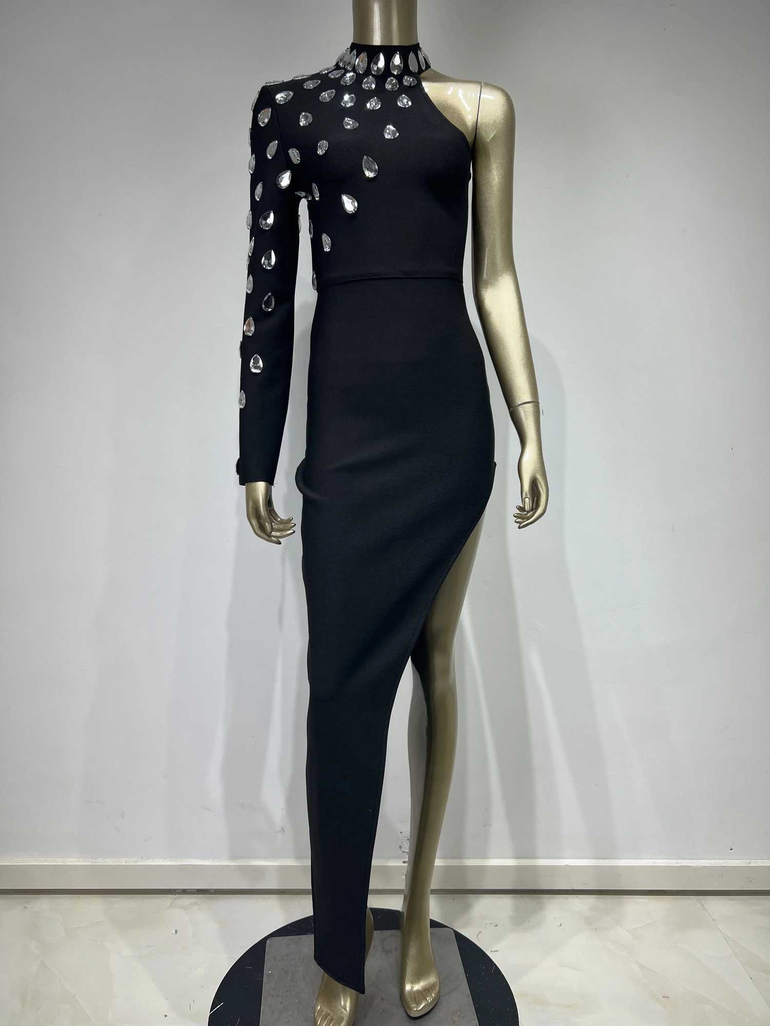 2023 Women Celebrity Sexy Single Sleeve Rhinestone Black Maxi Long Bodycon Bandage Dress Elegant Evening Club Party Dress Z250728