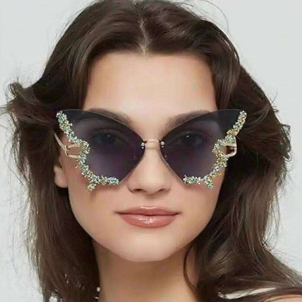 Rhinestone Butterfly Shaped Sunglasses Women Party Traveling Fashion Bling Dia Gradient Eyewear Cat Eye Shades Sun Glasses