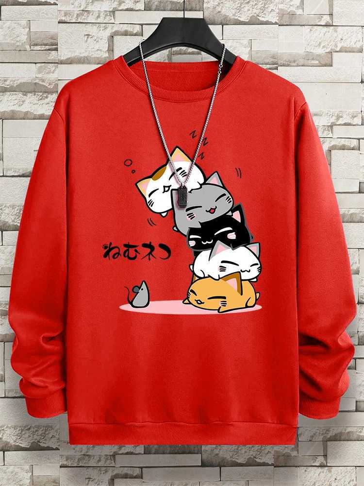 Cute Stacked Cat Sleep Clothing Mens Hoodie Hip Hop O-neck Sportswear Retro Casual Loose Hoodie Autumn New Loose Clothing W250408