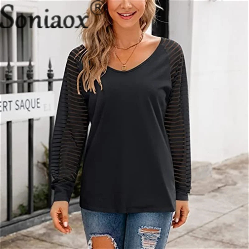 Fashion Seethrough Striped Long Sleeve TShirt Female Autumn Loose V Neck Pullover Top Solid Color Casual Tees 250709