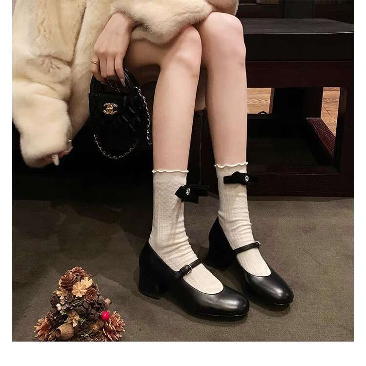 Designer Round Toe Shallow Commuter Style High Heels Slimming Chunky Heel Mary Jane Women French Chic Fashion Shoes