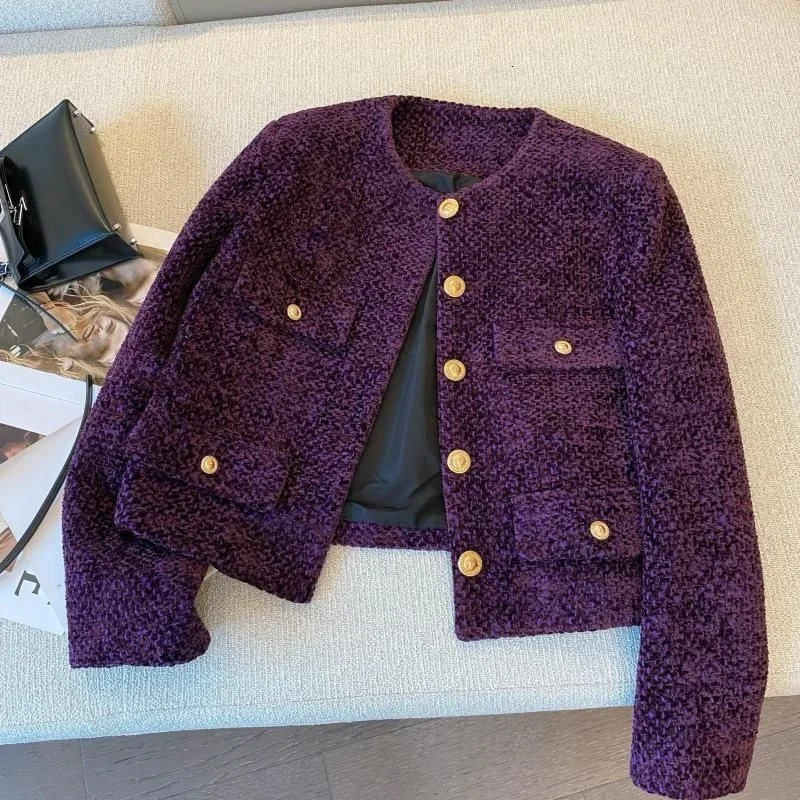 Limiguyue French Woolen Tweed Coat Small Fragrant Oneck Short Jacket Women Highend Metal Button Purple Tops Autumn Winter 012A w250728