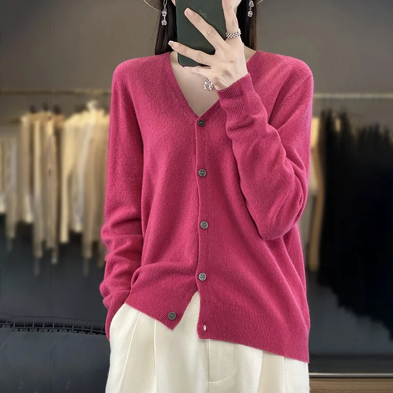 100% Merino Wool Sweater Autumn Winter Women Oneck Solid Knitted Cardigan Casual Cashmere Knitwear Long Sleeve Soft Tops 250728