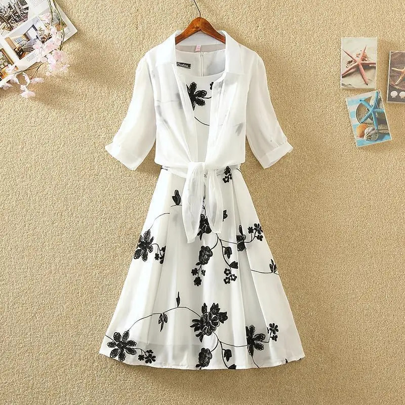 Elegant Suit Twopiece Dress High Waist Sleeveless Slim Aline Skirt Floral Embroidery White Top Bow Belt Vintage WOMEN 250728