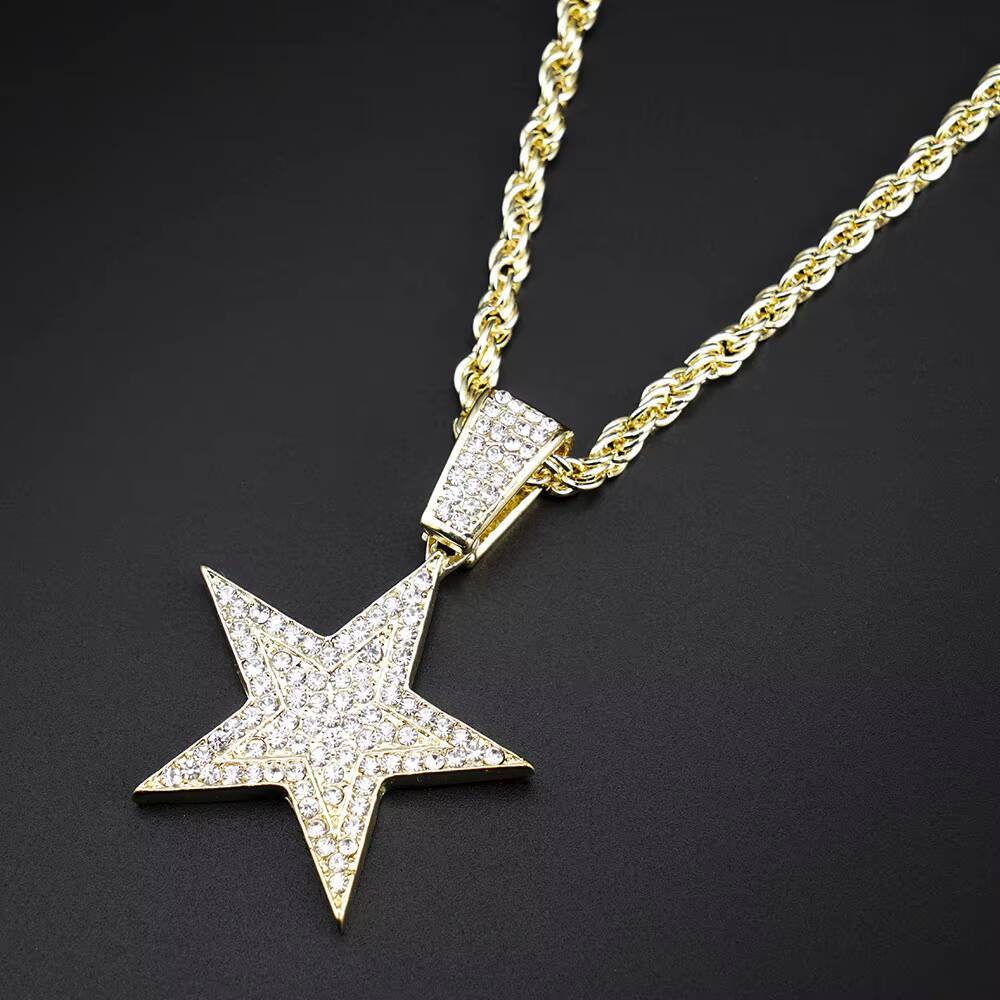 European American Style Hip Hop Five-Pointed Star Necklace Best-Selling Alloy Inlaid Pendant Moissanite Pendants Charms