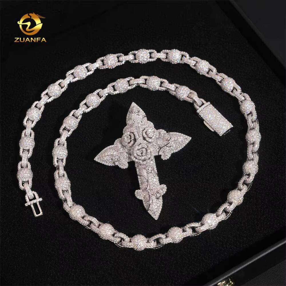 Hip-Hop Accessories Iced Out Cross Cuban Chain Sier Gray Stone Charm Pendant