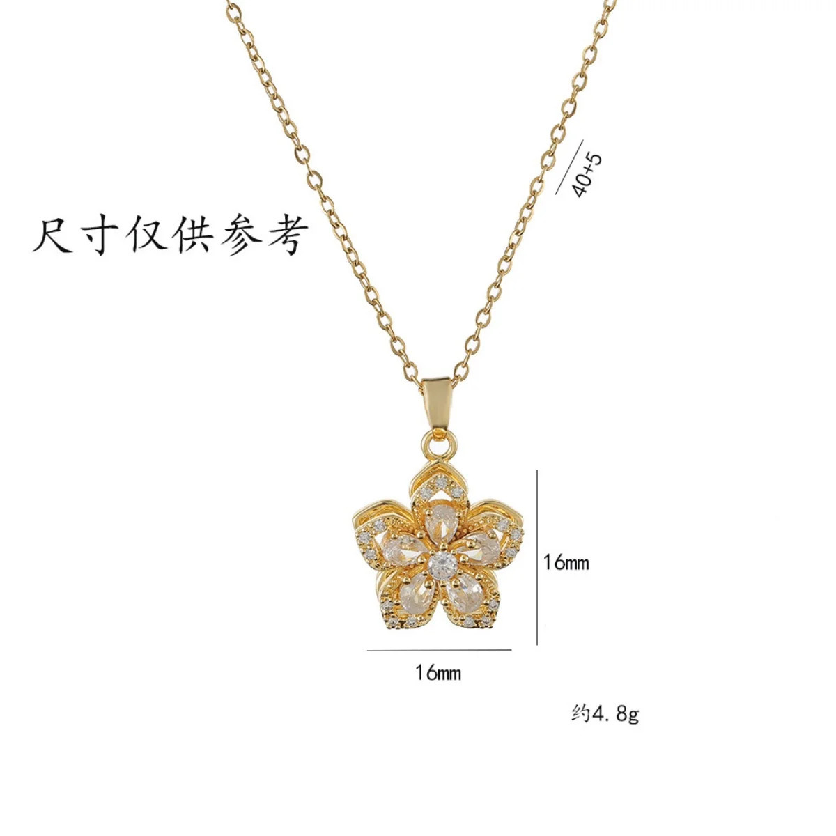 Light Shiny Zircon Rotatable Flower Pendant Necklace For Women Stainless Steel Romantic Spin Floral Plant Choker Jewelry 250715