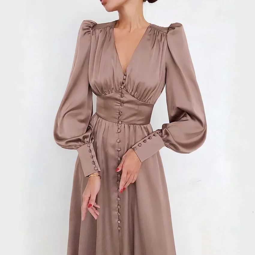 Spring Women Long Dress Satin V-neck Lantern Sleeve Skinny Elegant Dresses Female Casual Fashion Clothes Vestidos Lady Z250728