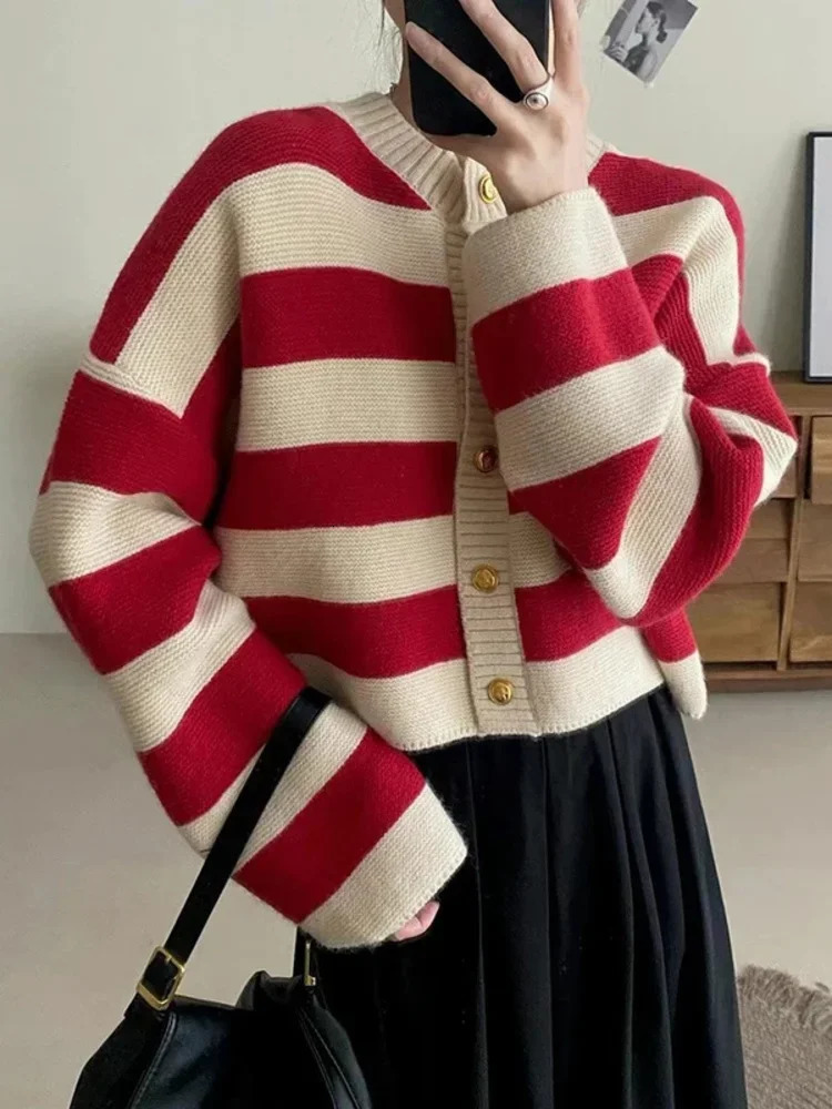 Korean Fashion Sweater Cardigan Women Knitted Striped Autumn Winter Long Sleeve Loose Short Cardigans Casual Tops 250728