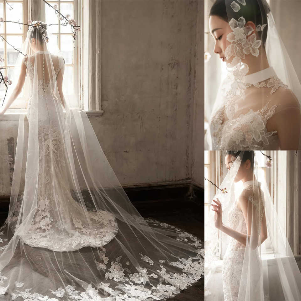 Elegant Flower Appliques Edged Bridal Wedding Veil One Layer Tulle Bridal Veil Cathedral Length Wedding Accessories