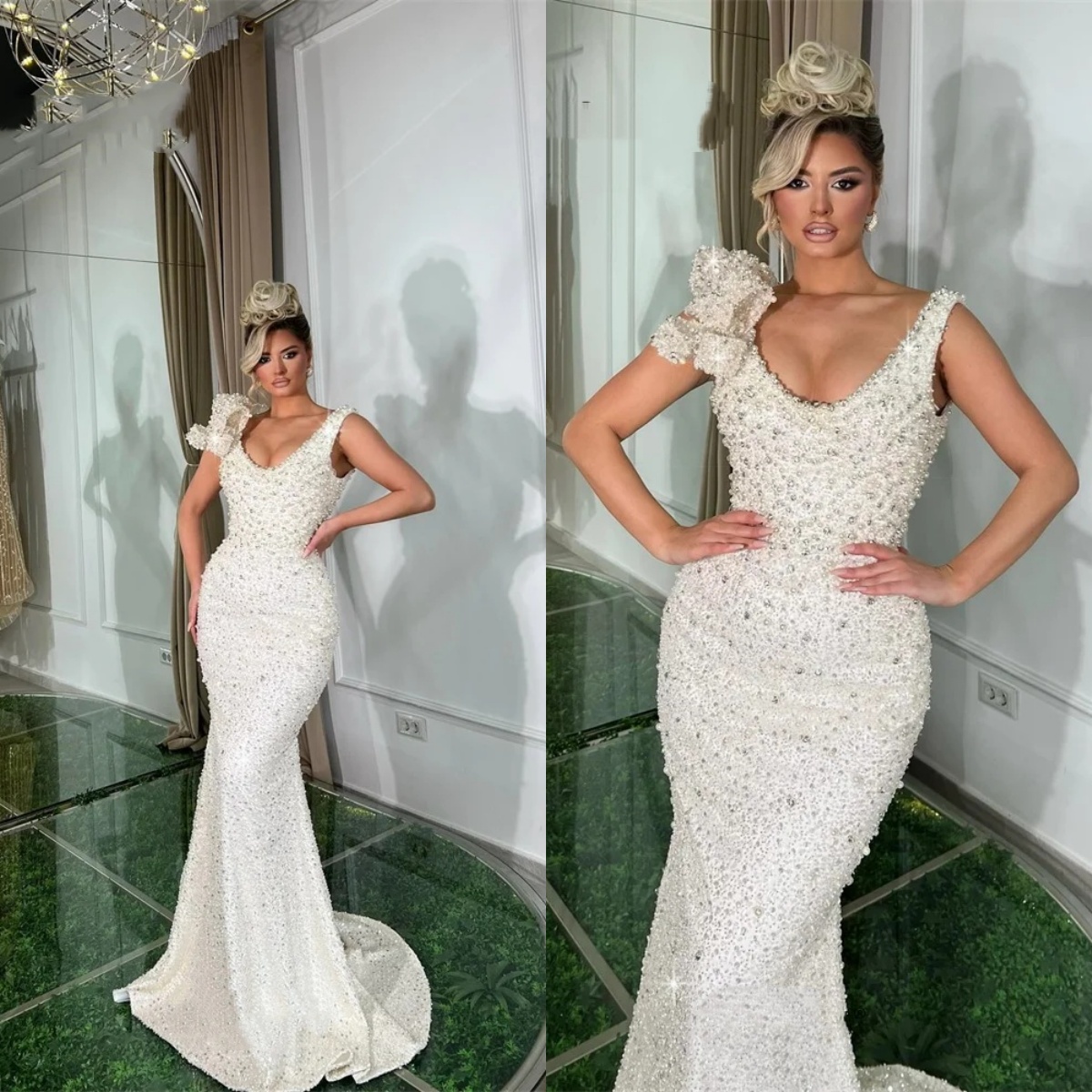 Classic Mermaid Wedding Dress Jewel Neck Sleeveless Bridal Gowns Sequins Pearls 3D Floral Sweep Train Dresses Custom Made vestidos de novia