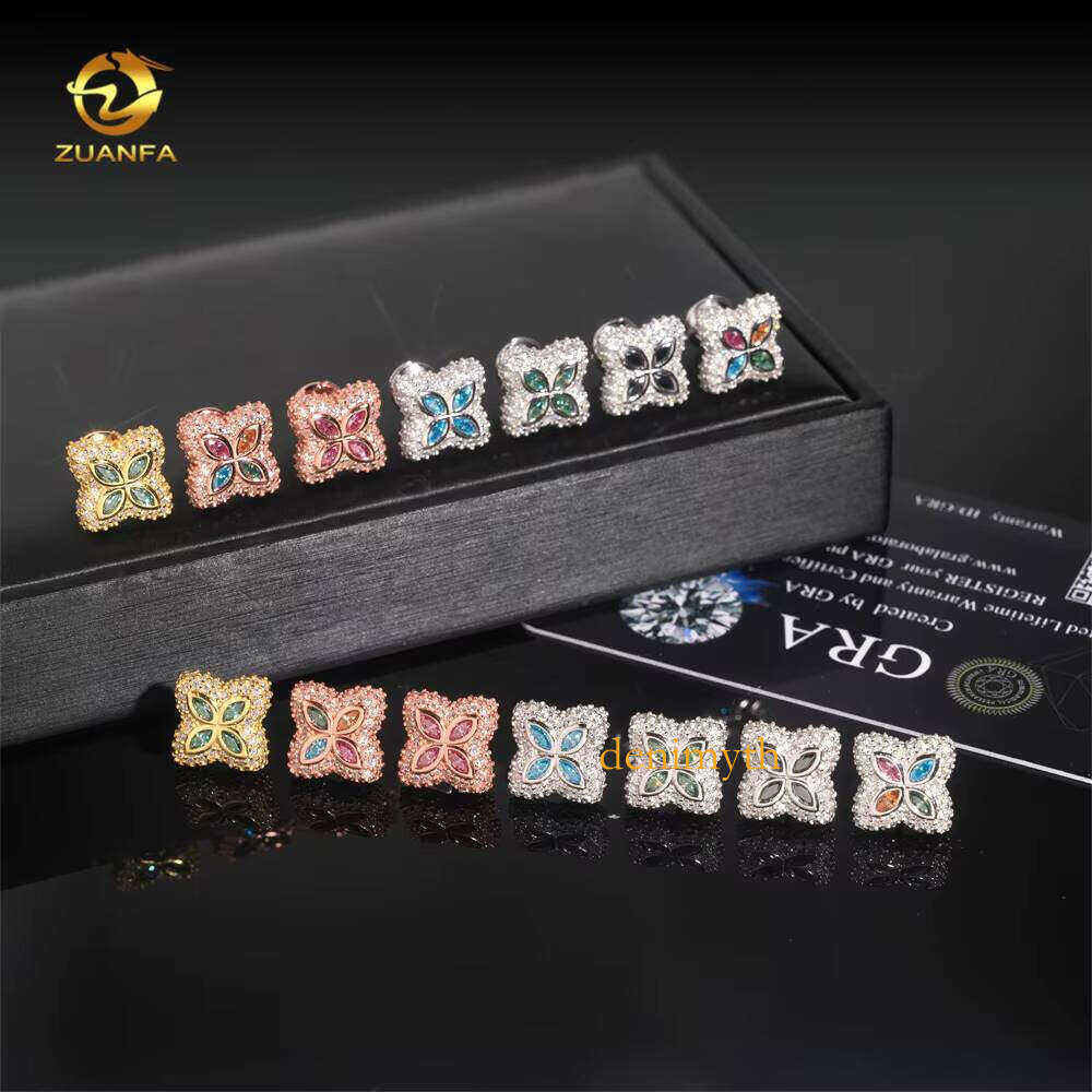 15mm Colorful Chrysoprase Flower Sier Hip Hop Iced Out Earrings Passed Testing