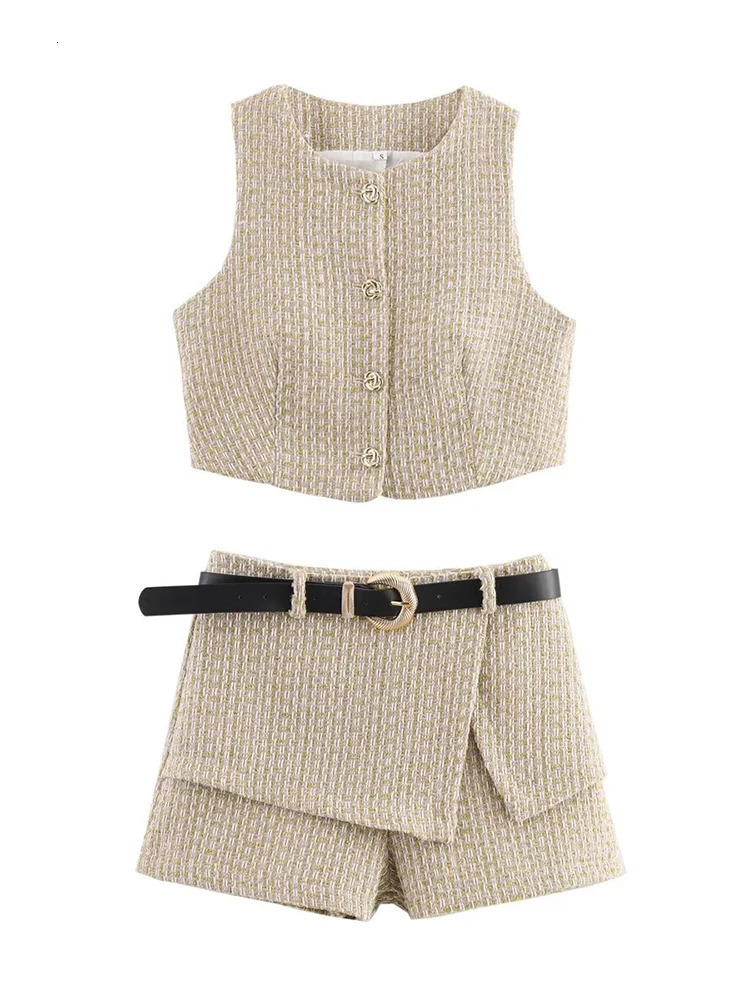 Fashion Women Elegant Tweed Belt Shorts Suits High Waist Vest Two Piece Set for Female Vintage Outfits 250728