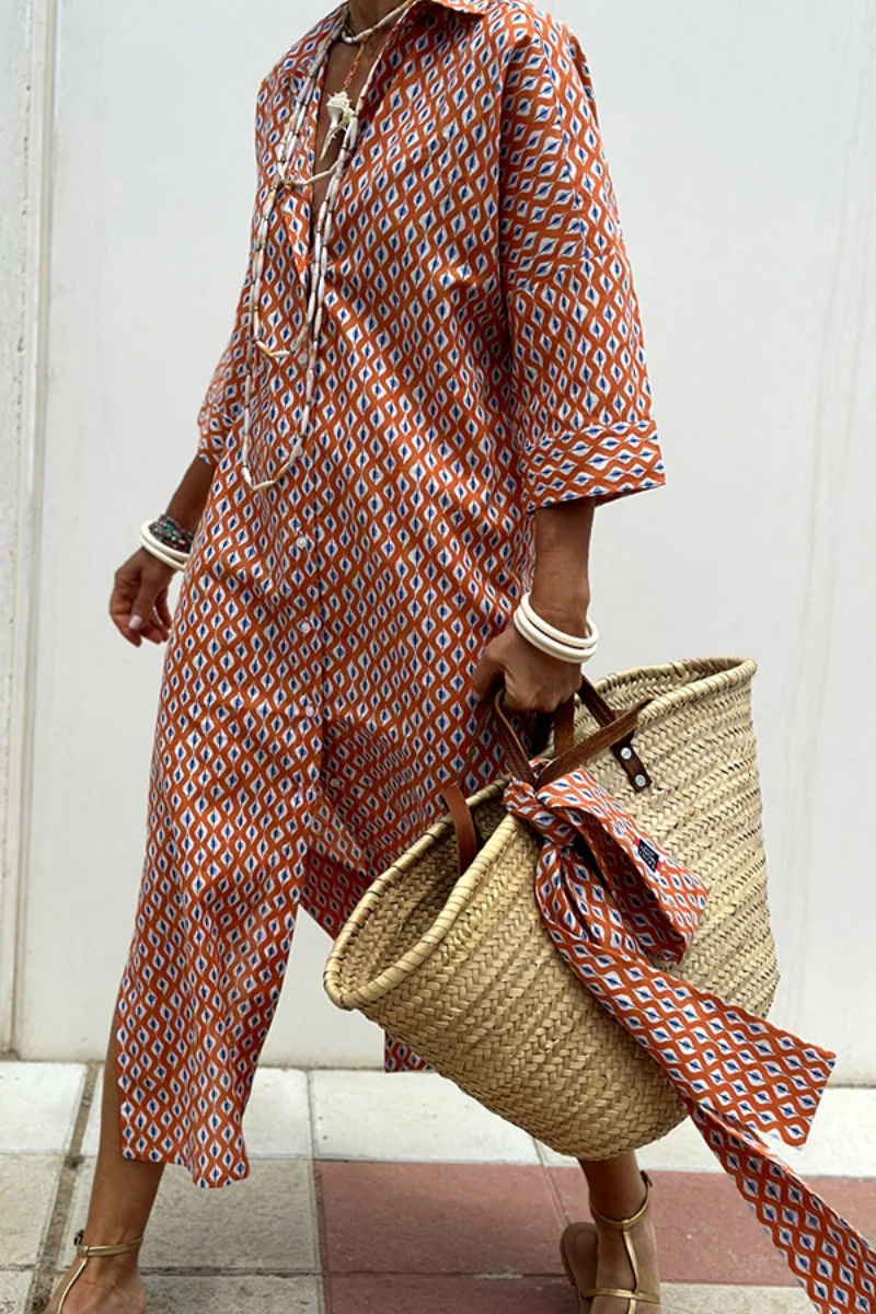 Summer Splendor Printed Button Half Sleeve Belt Loose Shirt Midi Dress 250728